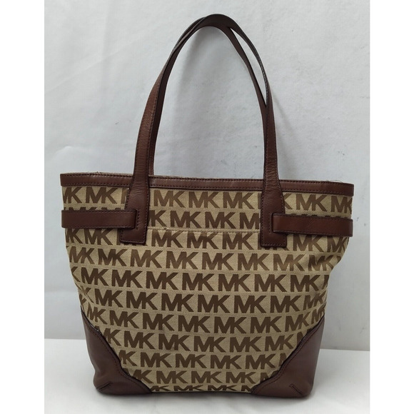 Michael Kors Brown Canvas Leather Trim MK Printed Double Handle Zipper Tote Bag - Picture 2 of 16